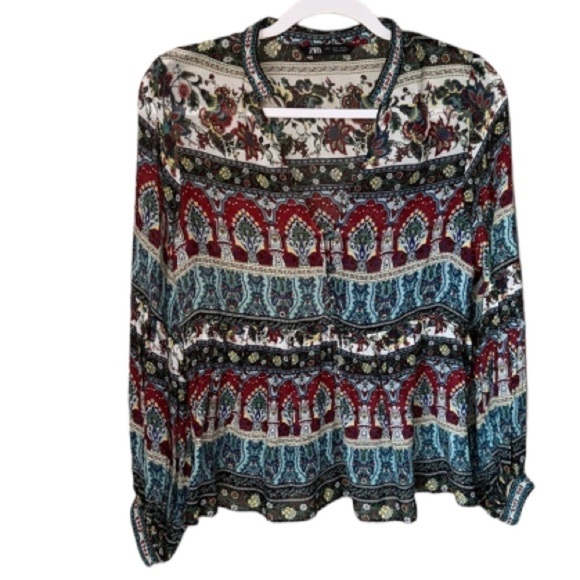ZARA PRINTED BLOUSE EMBROIDERED NECK & wrist MULTICOLOURED small 7521/226/330‎ - Picture 1 of 4